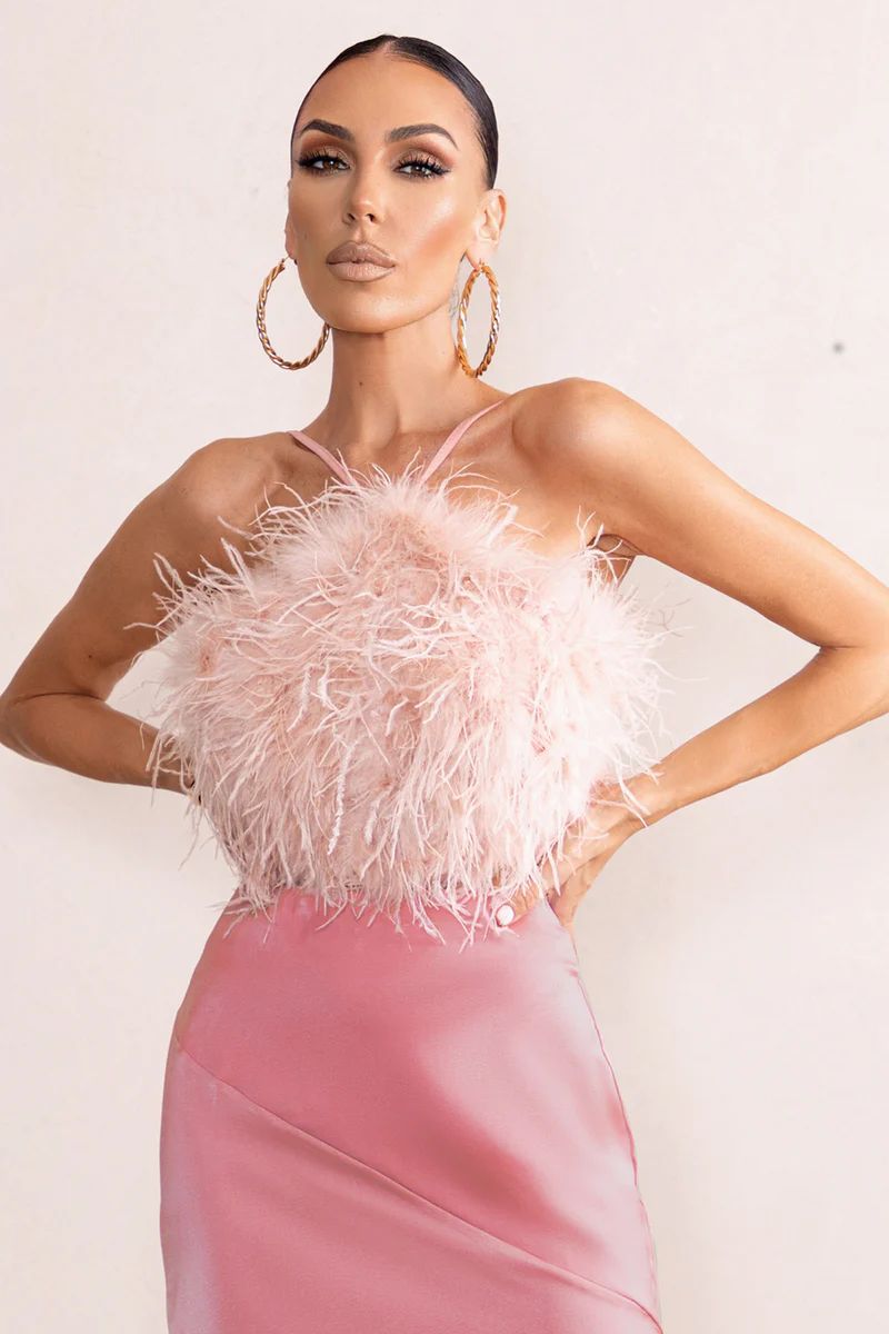Ever-Evolving | Pink Halter Neck Feather Crop Top With Backless Knot Detail | Club L London