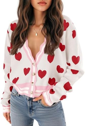 Saodimallsu Womens Cute Heart Cardigan Sweaters Button V Neck Long Sleeve Color Block Knit Valent... | Amazon (US)