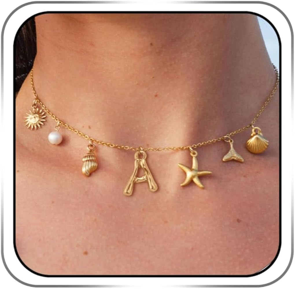 Initial Charm Necklace For Women Shell Seashell Summer Beach Letter 14K Gold Plated Pendant Starf... | Amazon (US)