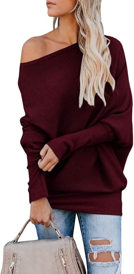 IRISGOD Womens-Off-Shoulder-Sweater Batwing Sleeve Ribbed Knit Cashmere Pullover Tops | Amazon (US)