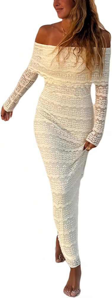 Women's Off The Shoulder Lace Maxi Dress Long Sleeve Bodycon Formal Cocktail Dress for Wedding Gu... | Amazon (US)