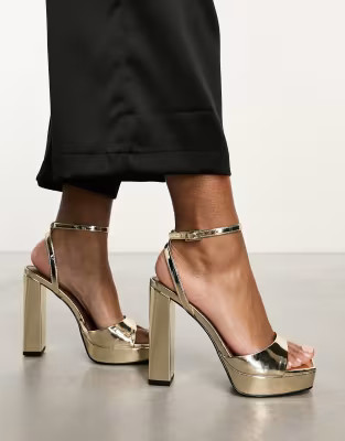 ASOS DESIGN Noun platform barely there block heel sandals in gold | ASOS | ASOS (Global)
