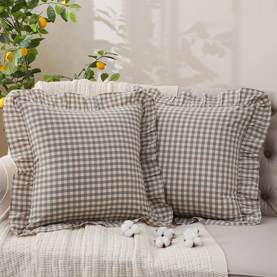 Green Gingham Throw Pillow Covers 100% Washed Cotton Like Linen Feel Soft Comfy Ruffle Farmhouse ... | Amazon (US)