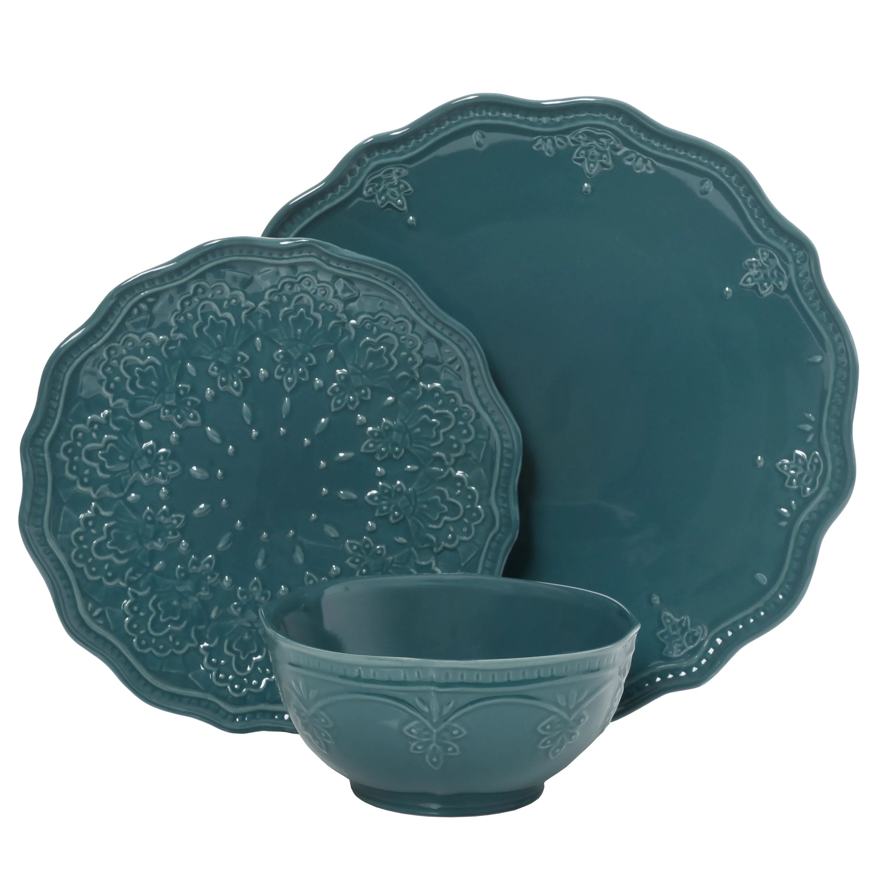 The Pioneer Woman Farmhouse Lace 12-Piece Dinnerware Set, Teal | Walmart (US)