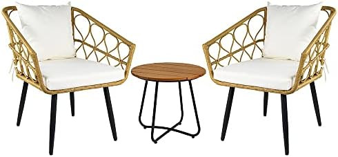 Amazon Basics Outdoor All-Weather Woven Faux Rattan Chair Set with Cushions and Side Table, Tan -... | Amazon (US)