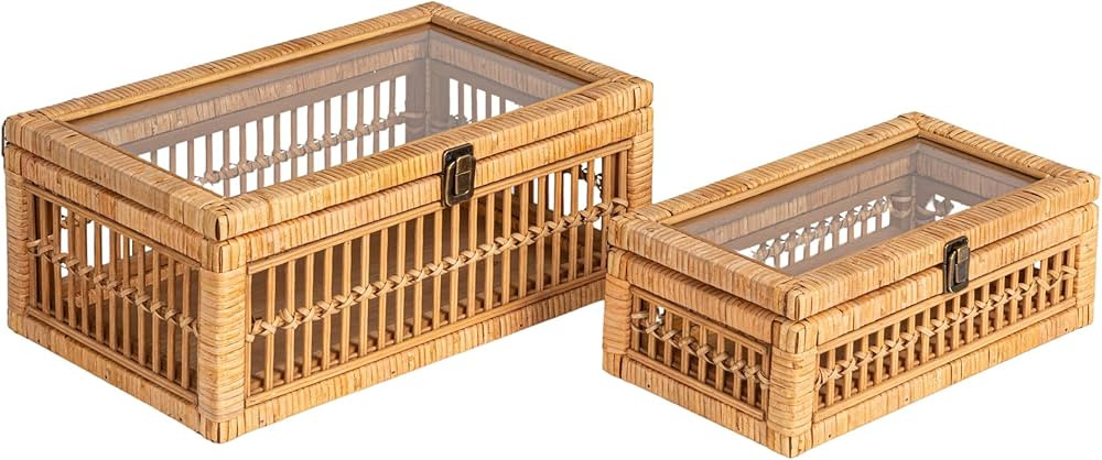 Creative Co-Op Rattan and Bamboo Nestable Storage Boxes with Glass Lids, Natural, Set of 2 | Amazon (US)