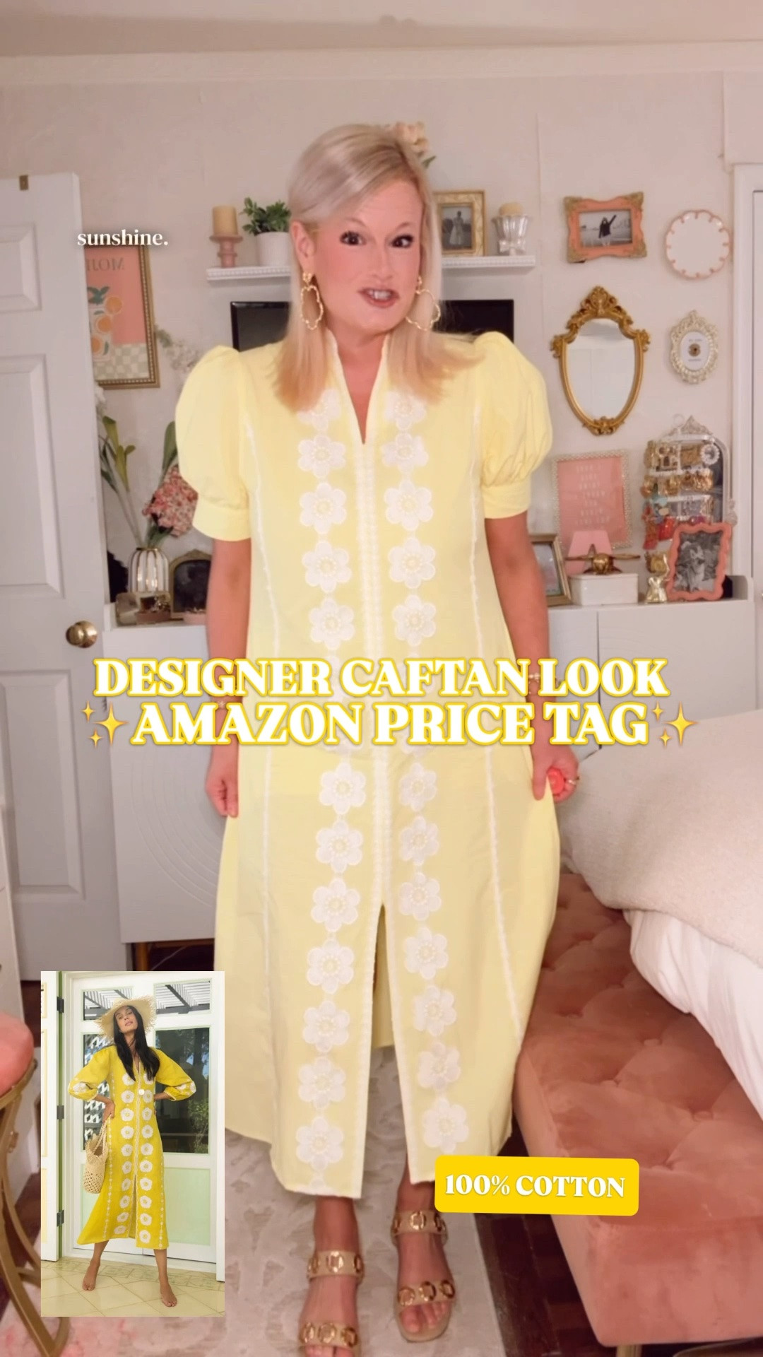 Sol Isabel caftan look for less | Amazon summer dress | embroidered cotton midi dress | vacation dress | designer look for less
The $495 Sol Isabel caftan look, without the $495 receipt.

This Amazon embroidered midi dress gives that same polished resort caftan energy in 100% cotton: bright yellow fabric, white floral embroidery, split neckline, short puff sleeves, easy pull-on shape, front slit, pockets, and a relaxed midi silhouette.

I’m in a medium. Available in 5 colors.

The white floral detail down the front elongates the body and gives it that designer vacation boutique look. It’s a dress that reads expensive from the second you see it. 

This is the dress you buy for the trip before you finish booking the trip: beach vacations, resort lunches, island dinners, cruises, Palm Beach weekends, Charleston trips, summer brunch, patio dinners, girls trips, beach town shopping, family photos, poolside lunches, and warm weather days.

Add gold sandals, raffia slides, pearl earrings, a woven bag, flat sandals, or a block heel. 

Sol Isabel caftan look for less, Sol Isabel kaftan look for less, designer caftan look for less, Amazon caftan dress, Amazon summer dress, Amazon fashion finds, embroidered midi dress, yellow midi dress, yellow summer dress, cotton midi dress, 100 cotton dress, dress with pockets, puff sleeve dress, split neck dress, resort dress, vacation dress, vacation outfit, vacation outfits beach, beach vacation dress, summer dress, summer dresses women, summer outfit, Palm Beach style, Tuckernuck style dress, Lilly Pulitzer inspired dress, designer look for less

#LTKFindsUnder50 #Caftan #ResortStyle #YellowDress #LillyPulitzer #Tuckernuck #DesignerLookForLess #AmazonFashionFinds #SummerOutfit #SummerDress #VacationOutfit #VacationDress  #PreppyStyle #LookForLess

#LTKWedding #LTKSeasonal #LTKTravel