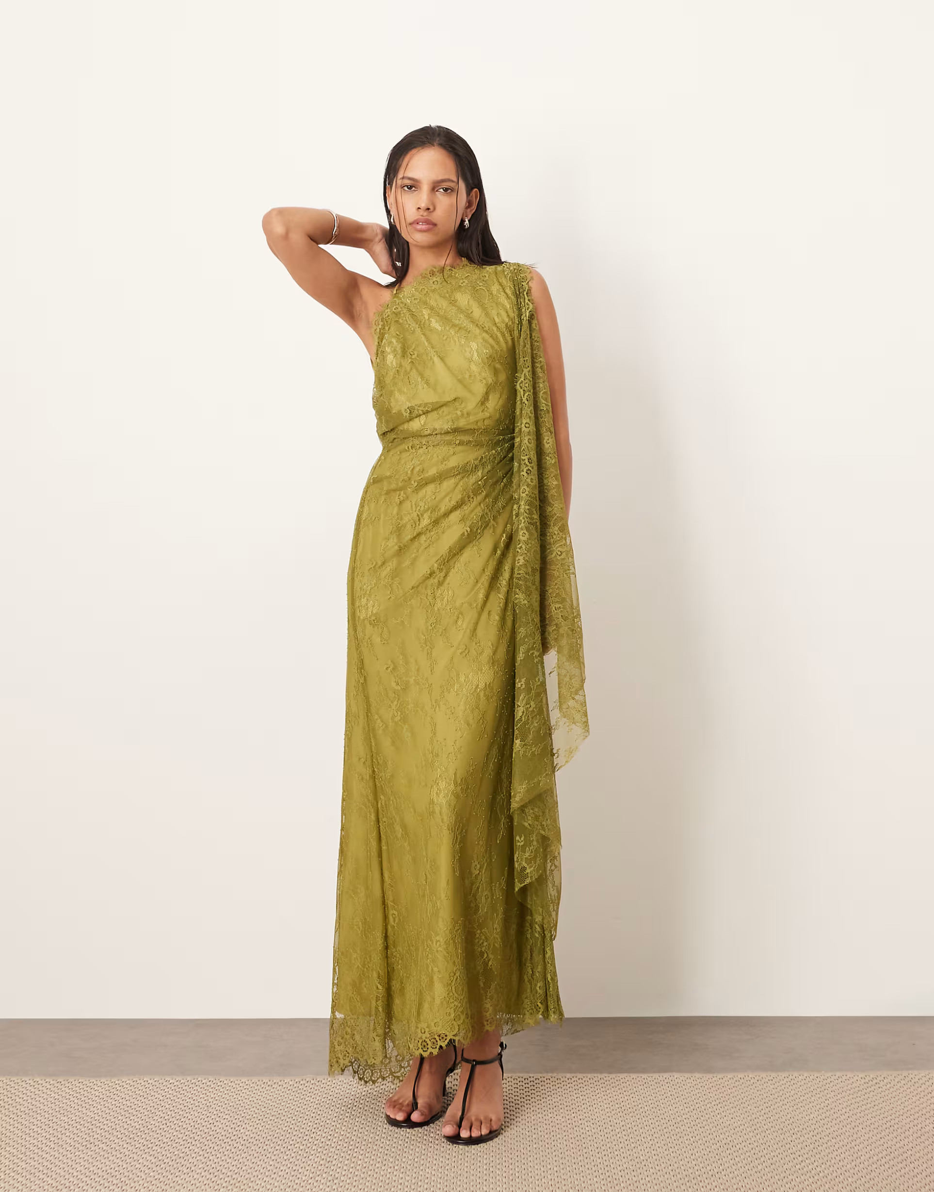 ARRANGE backless lace draped maxi dress with scallop trim in olive | ASOS | ASOS (Global)