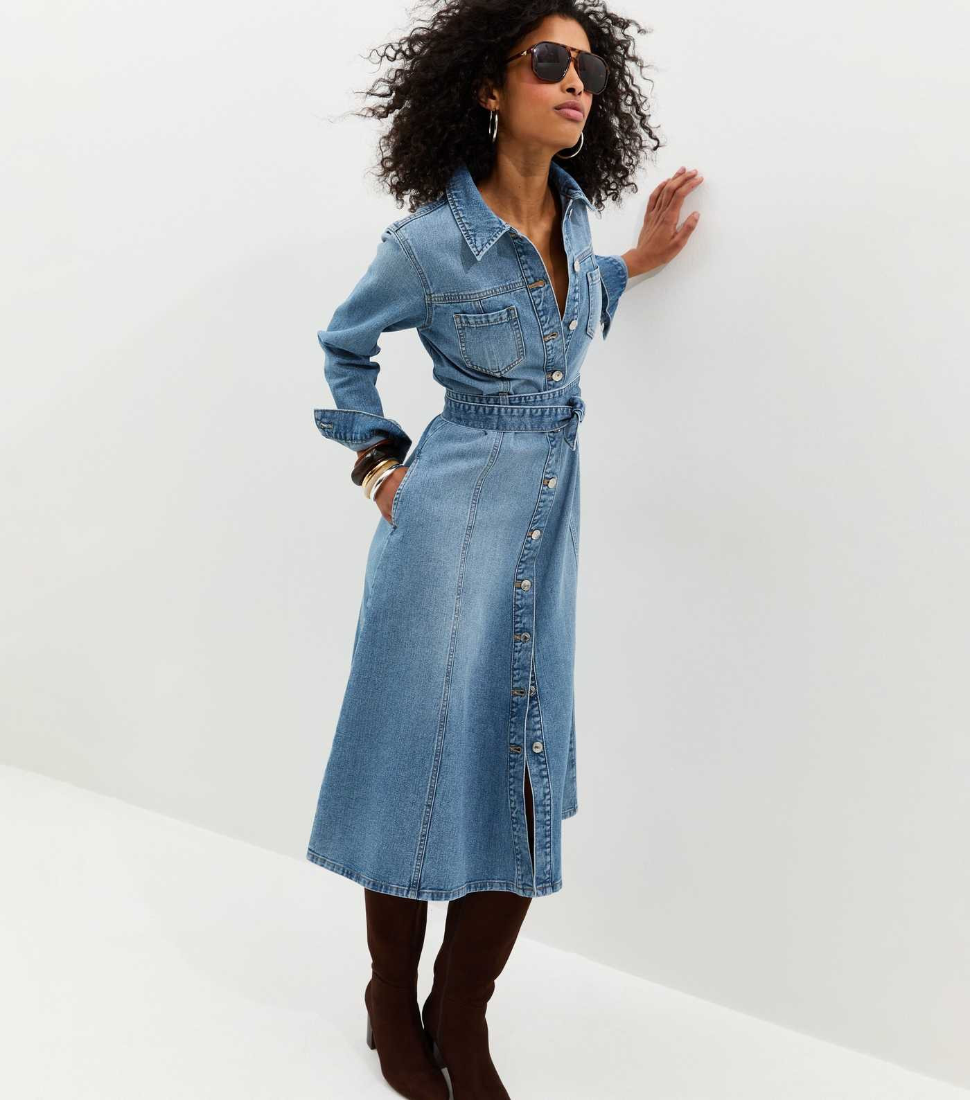 Light Blue Denim Long Sleeve Shirt Midi Dress | New Look | New Look (UK)