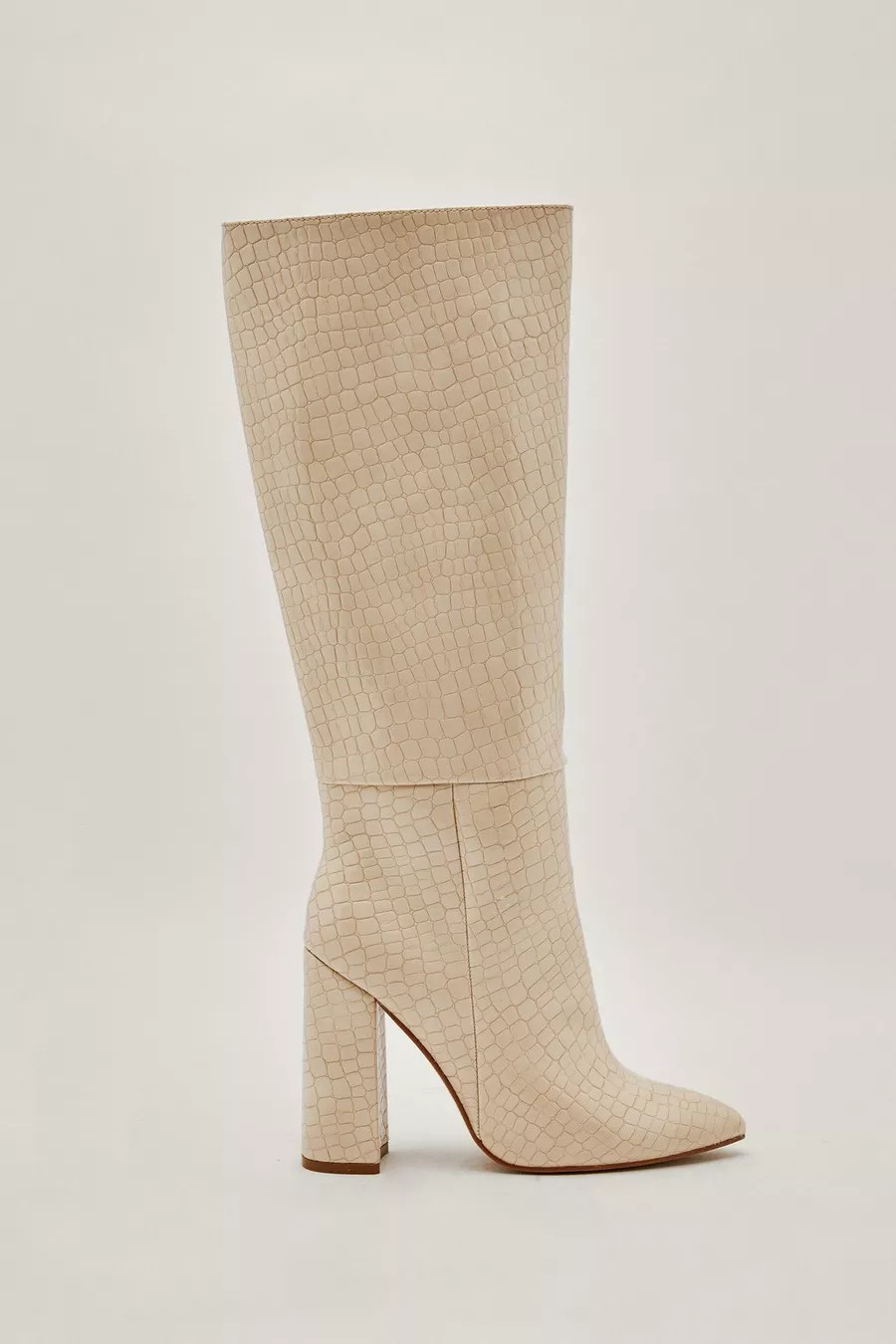 Faux Leather Croc Knee High Pointed Boots | Nasty Gal US