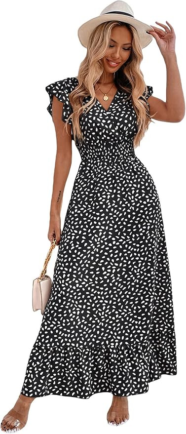 MakeMeChic Women's Allover Print Ruffle Sleeve V Neck Ruffle Hem A Line Summer Maxi Dress | Amazon (US)