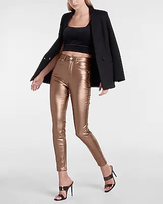 High Waisted Metallic Faux Leather Skinny Pant Gold Women's 10 | Express