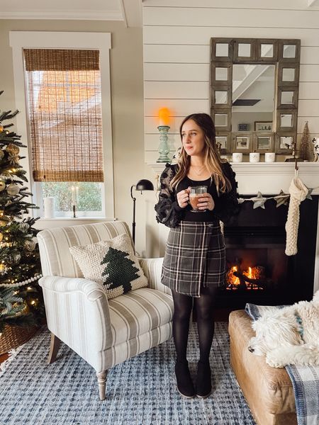 Holiday party ready! 👏🏻🎄🦃@walmartfashion #ad #WalmartFashion This stunning shirt looks high end and is only $17.98 🙌🏻  I love the flattering scoop neck, the fun little puffs on the sheer bell sleeves, and it even has the cutest ruffled sleeve edges. It’s so perfect tucked into the plaid skirt and it would even be adorable with pants or jeans too! ✨ 

#LTKunder50 #LTKHoliday #LTKstyletip