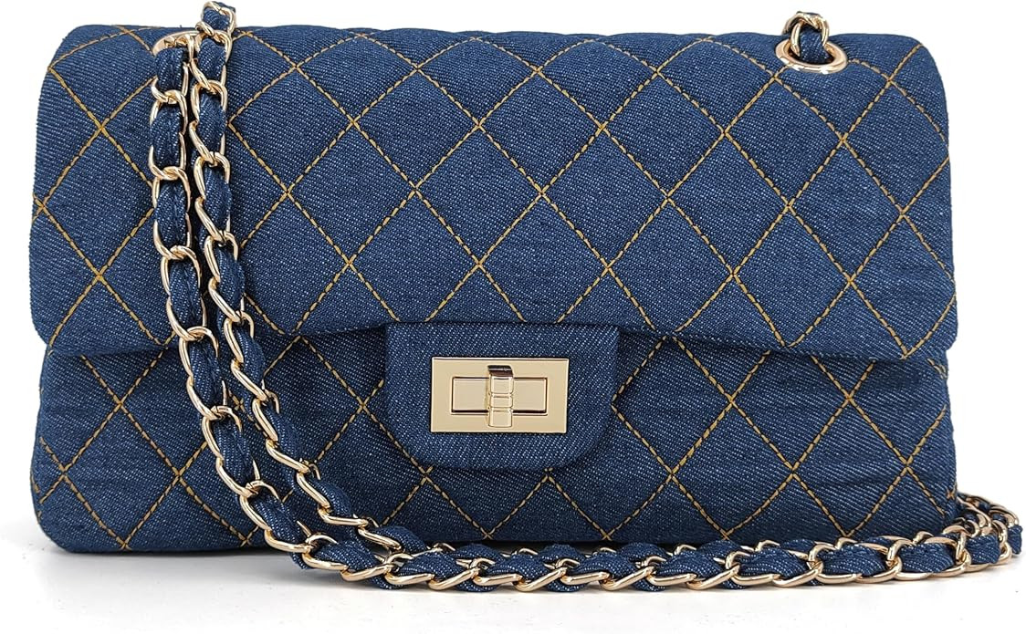 Quilted Denim Crossbody Bags for Women, Chain Strap Shoulder Bags, Classic Medium Double Flap Pur... | Amazon (US)