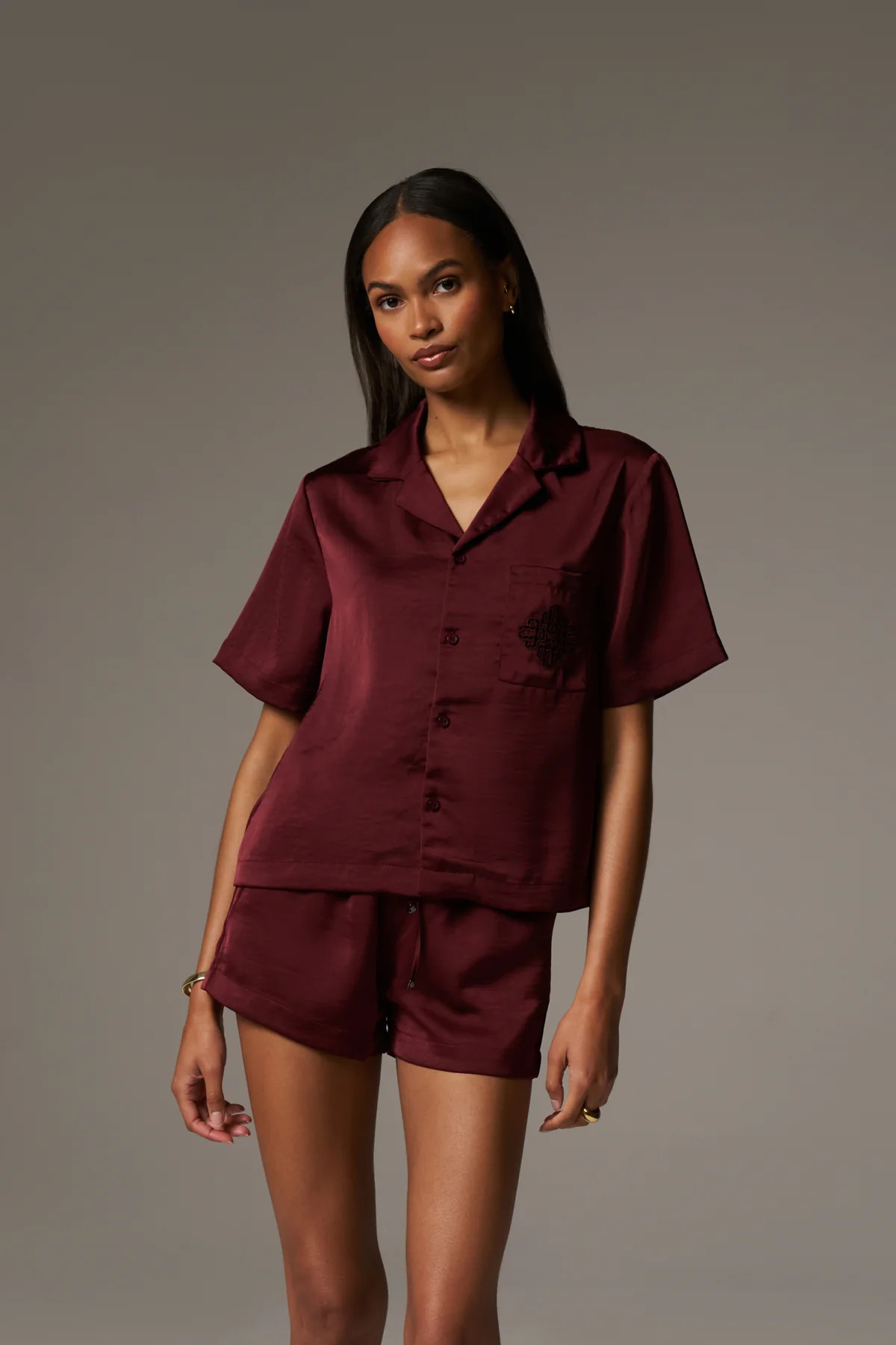 SATIN EMBLEM SHORTS - BURGUNDY | The Couture Club