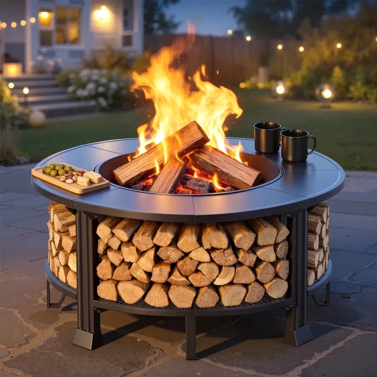38" Outdoor Fire Pit Table with Grill & Firewood Rack, Wood Burning Fire Pit for Backyard Gatheri... | Walmart (US)