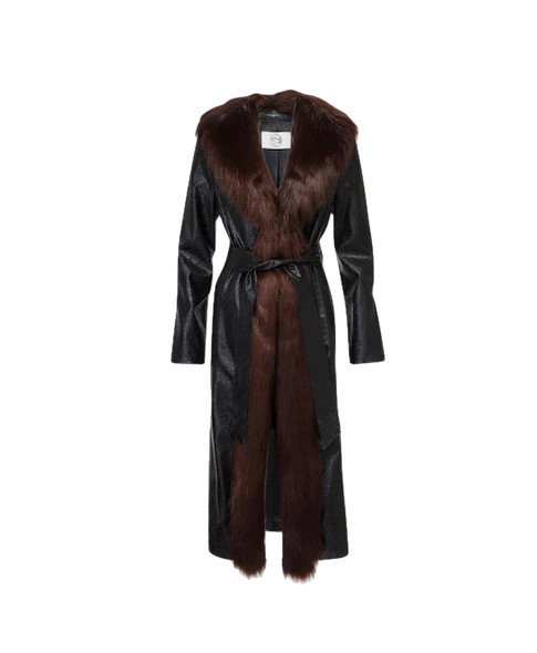 Shop Powderpuff Black Faux Leather Robe Coat with Brown Faux Fur Collar from Marei 1998 at Seezon... | Seezona
