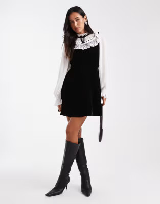 Miss Selfridge embroidered chiffon and velvet mini dress in black and white | ASOS | ASOS (Global)