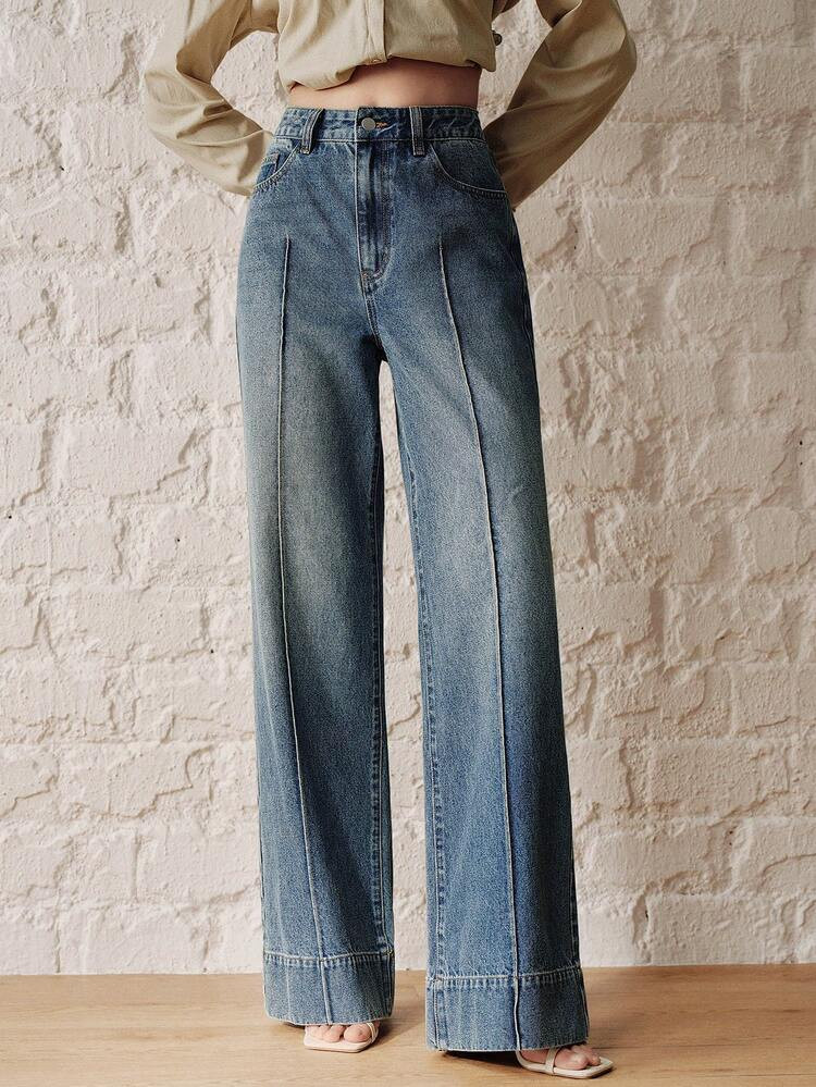Anewsta Essential Women's Romantic Vintage Blue Straight Leg Jeans, Spring/Summer New Arrival | SHEIN