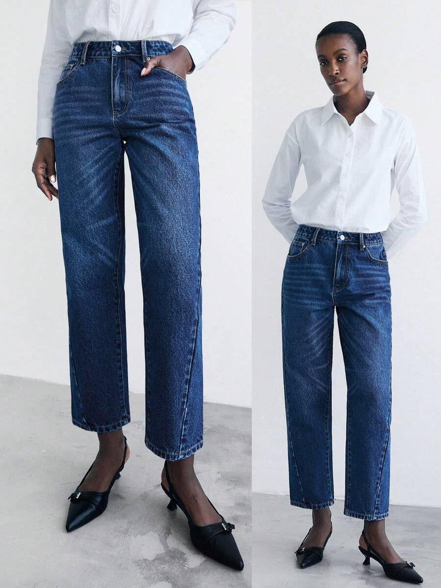 Maija Women's Blue Jeans Low Waist Tapered Pants Slim Mom Pants Autumn Classic Denim Style All-Match Women's Clothing | SHEIN
