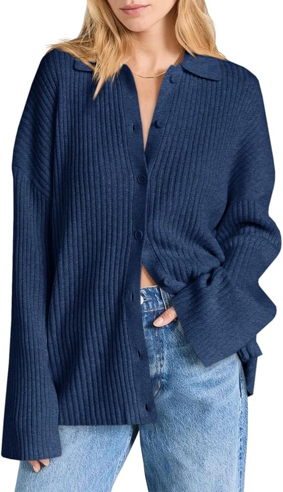 Danedvi Womens Collared Cardigan Sweaters Oversized Ribbed Knit Open Front Button Up Bell Sleeve ... | Amazon (US)
