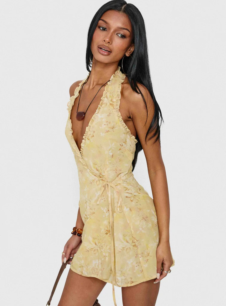 Taija Wrap Mini Dress Yellow Floral | Princess Polly US