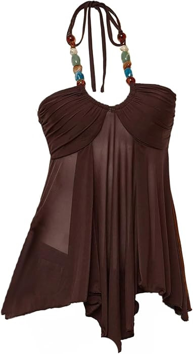 OYOANGLE Women's Boho Tops Chic Beaded Halter Top Y2K Flowy Mesh Tank Tops | Amazon (US)