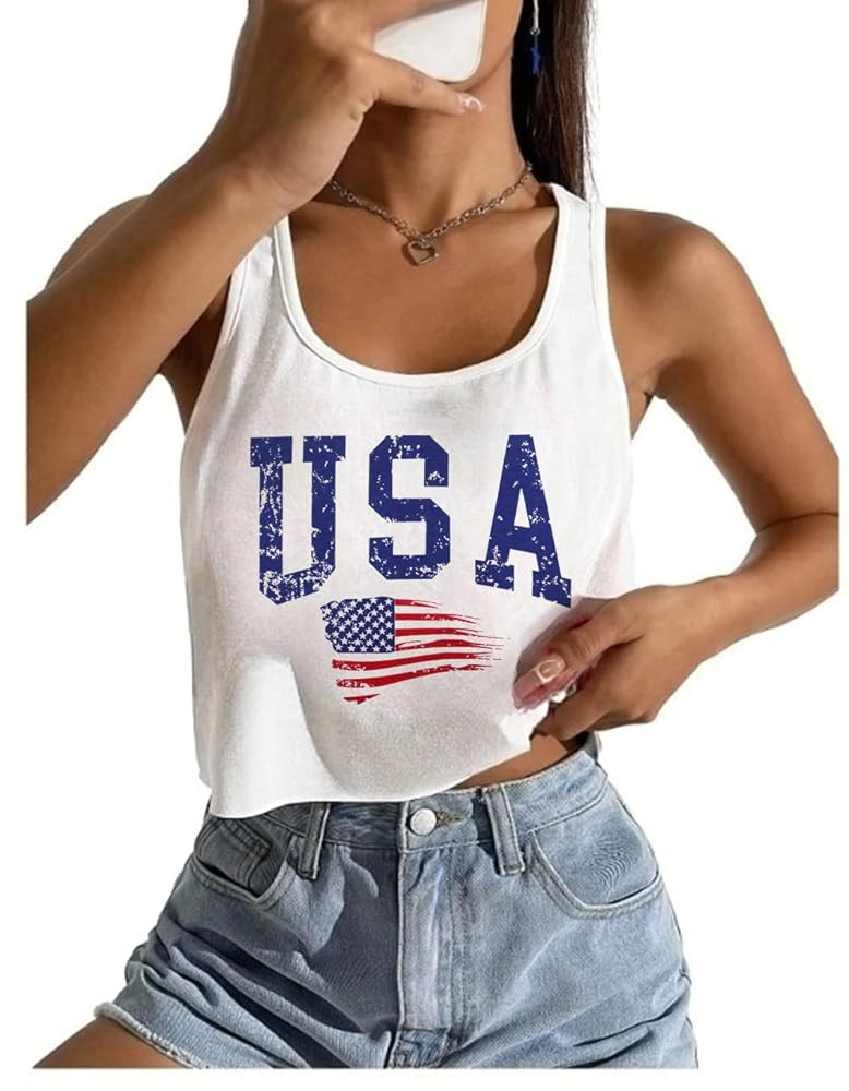 Women's Sexy American Flag Crop Tank 4th of July Patriotic Sleeveless Tee Tops | Amazon (US)