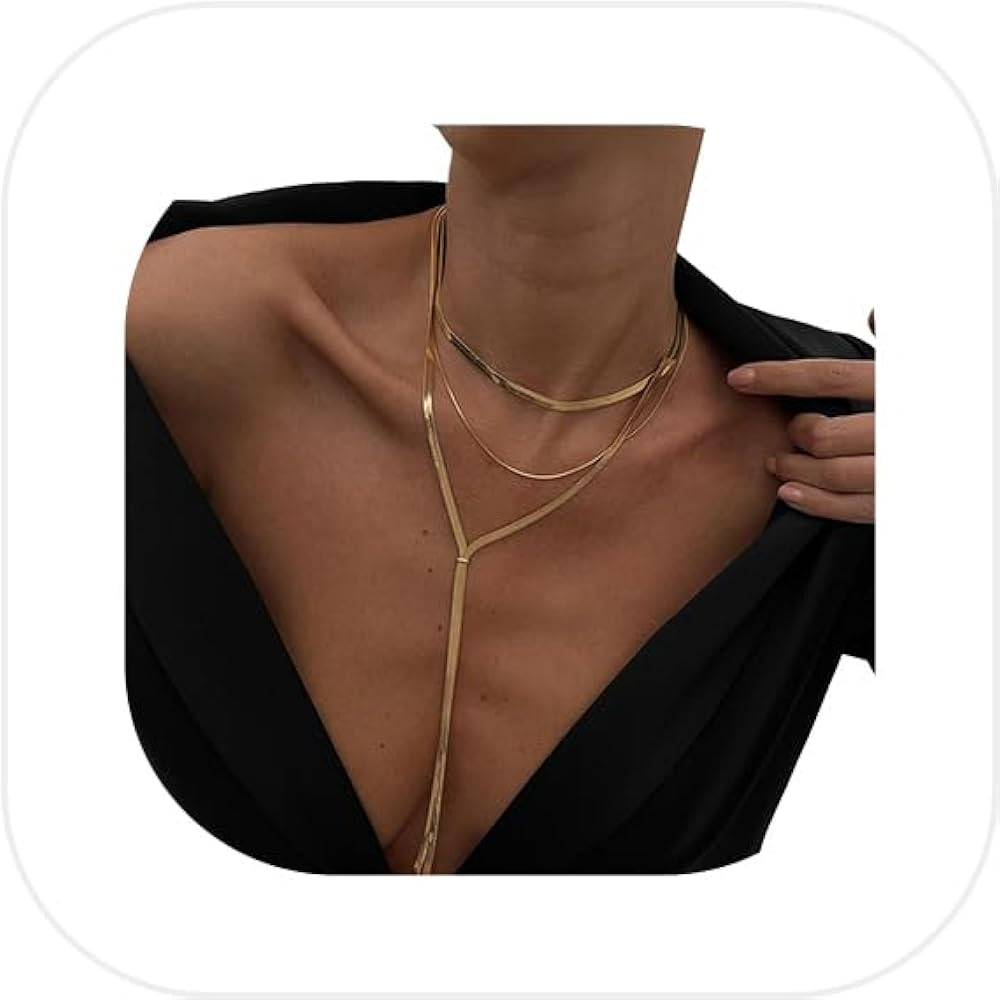 Silver/Gold Multi Layered Flat Chain Necklace Metal Long Tassel Clavicle Chain Necklace Summer Be... | Amazon (US)