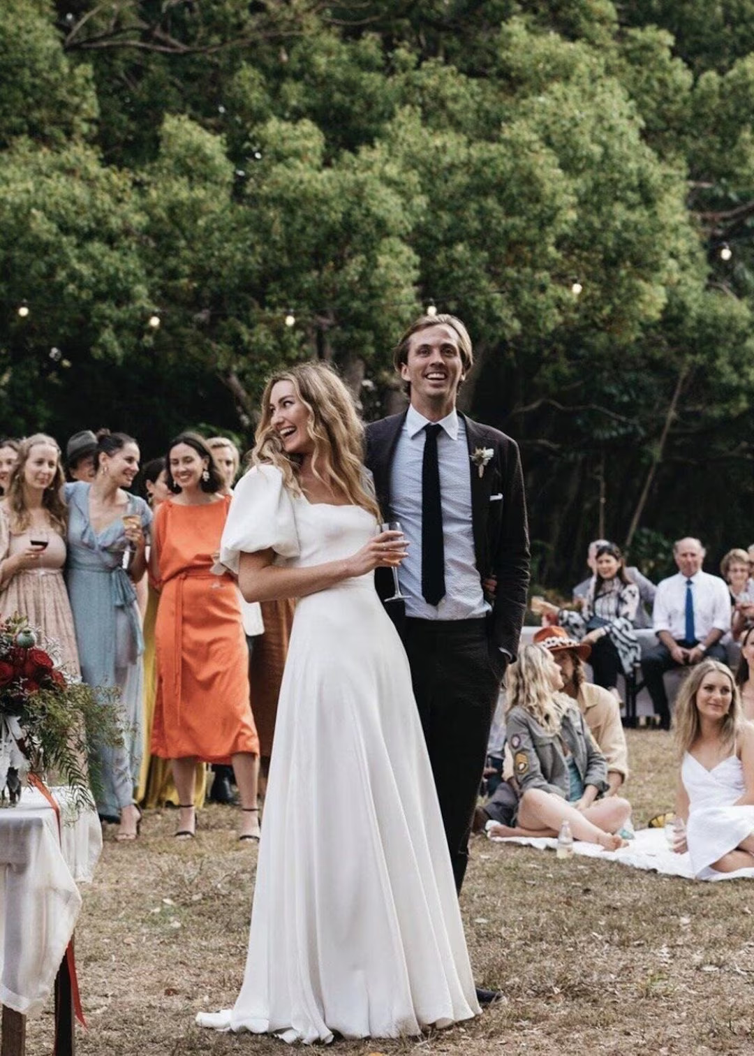 Square Neck A-line Wedding Dress, Open Back Wedding Dress, Crepe Wedding Dress With Puffy Sleeves... | Etsy (US)