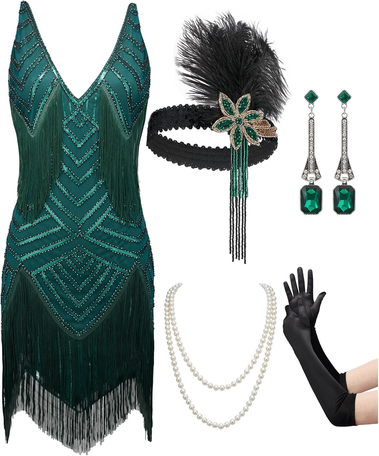 SWEETV Womens 1920s Flapper Dress,V Neck Great Gatsby Fringe Cocktail Dress with 20s Accessories Set-Roaring 20s Costume | Amazon (US)