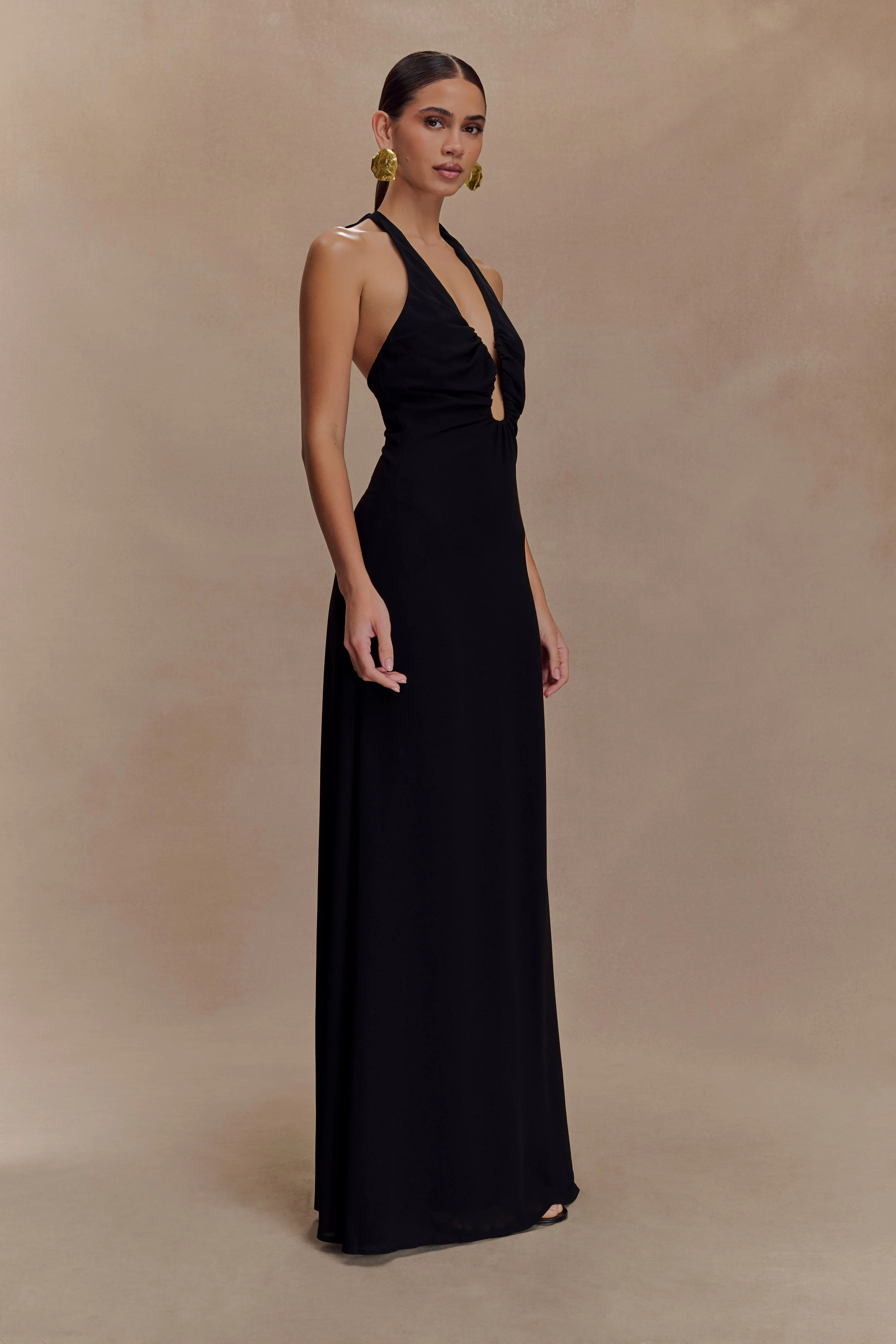 Malakhai Chiffon Halter Maxi Dress - Black | MESHKI US