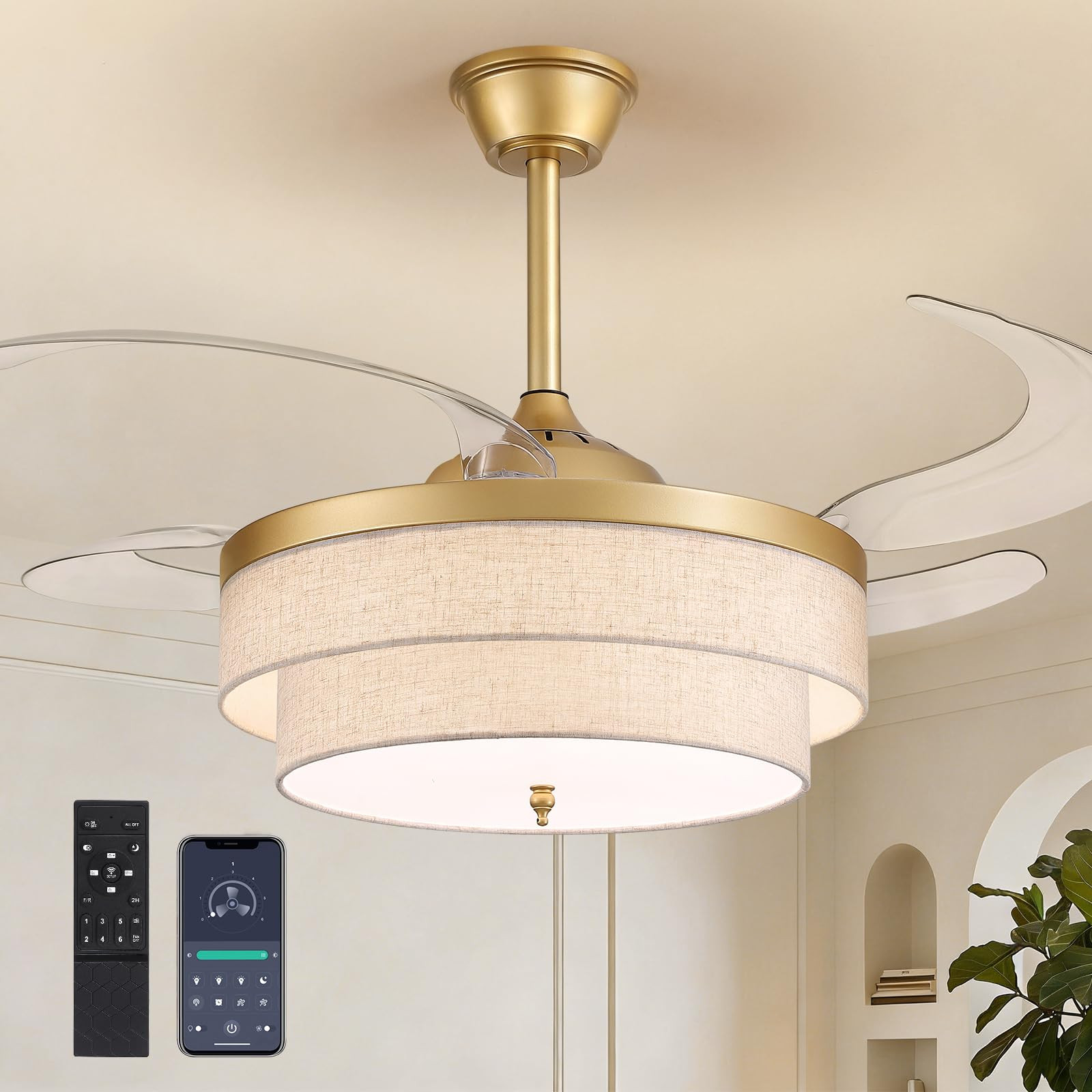 CROSSIO 48" Gold Modern Ceiling Fans with Lights Boho Fandelier Retractable Ceiling Fan Light Dim... | Amazon (US)