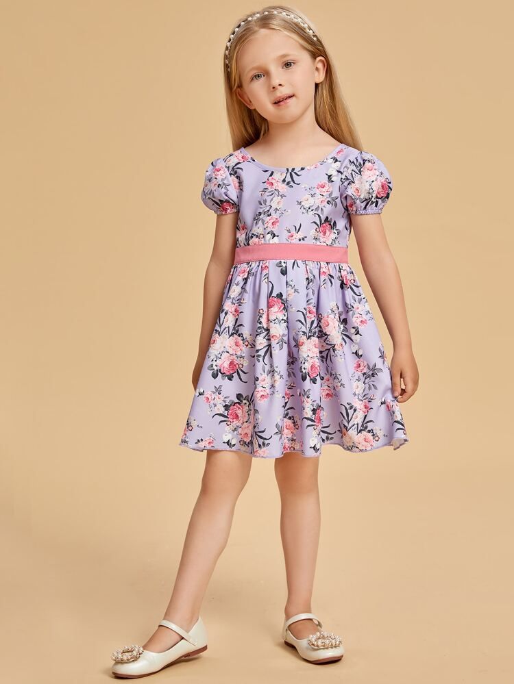 Toddler Girls Floral Print Puff Sleeve Bow Back Dress | SHEIN