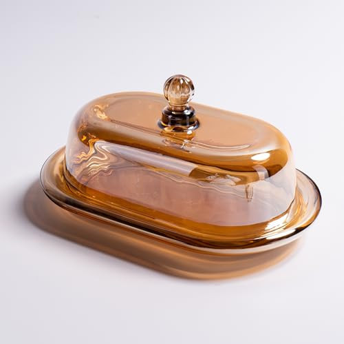 7.5" Glass Butter Dish with Lid for Countertop, Elegant Champagne-Colored Crystal Butter Stick Holder Container | Amazon (US)