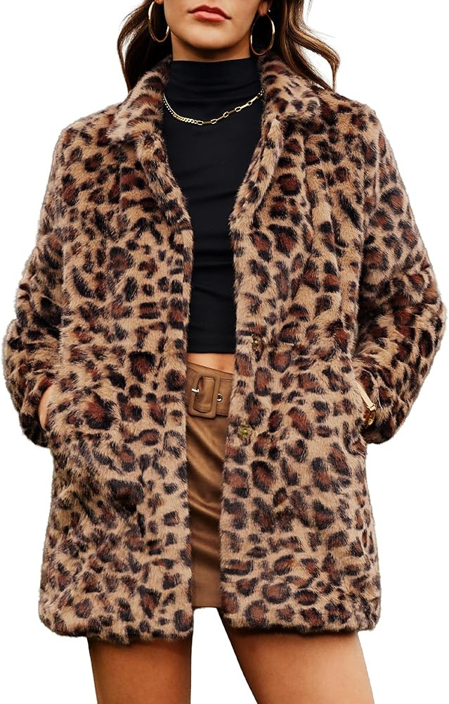 ELLEVEN Women’s Faux Fur Leopard Coat Long Winter Coats, Autumn Notch Lapel Jackets with Pocket... | Amazon (US)
