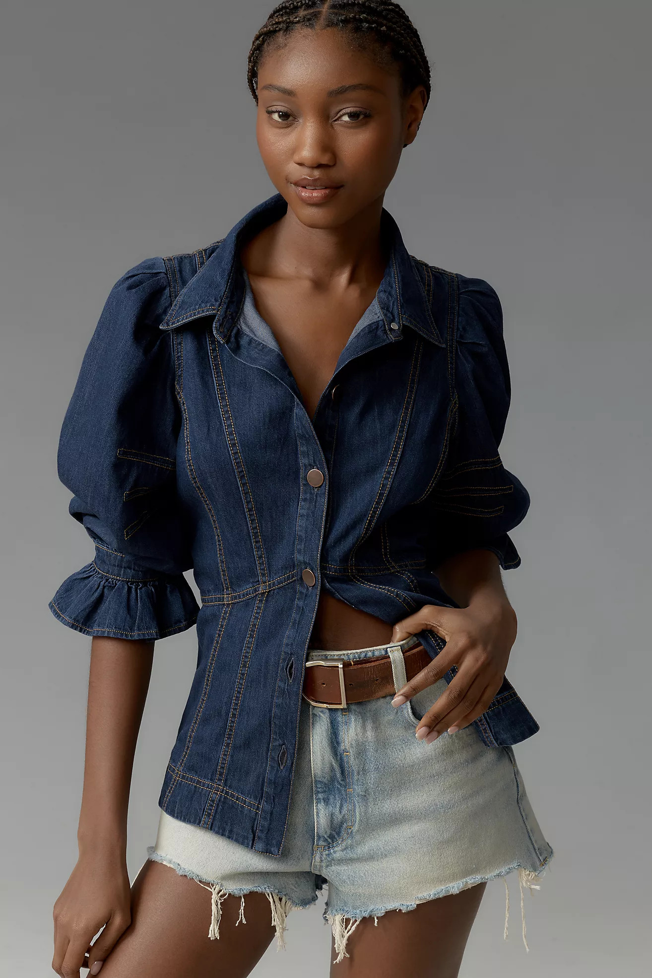 By Anthropologie Puff-Sleeve Denim Buttondown Shirt | Anthropologie (US)