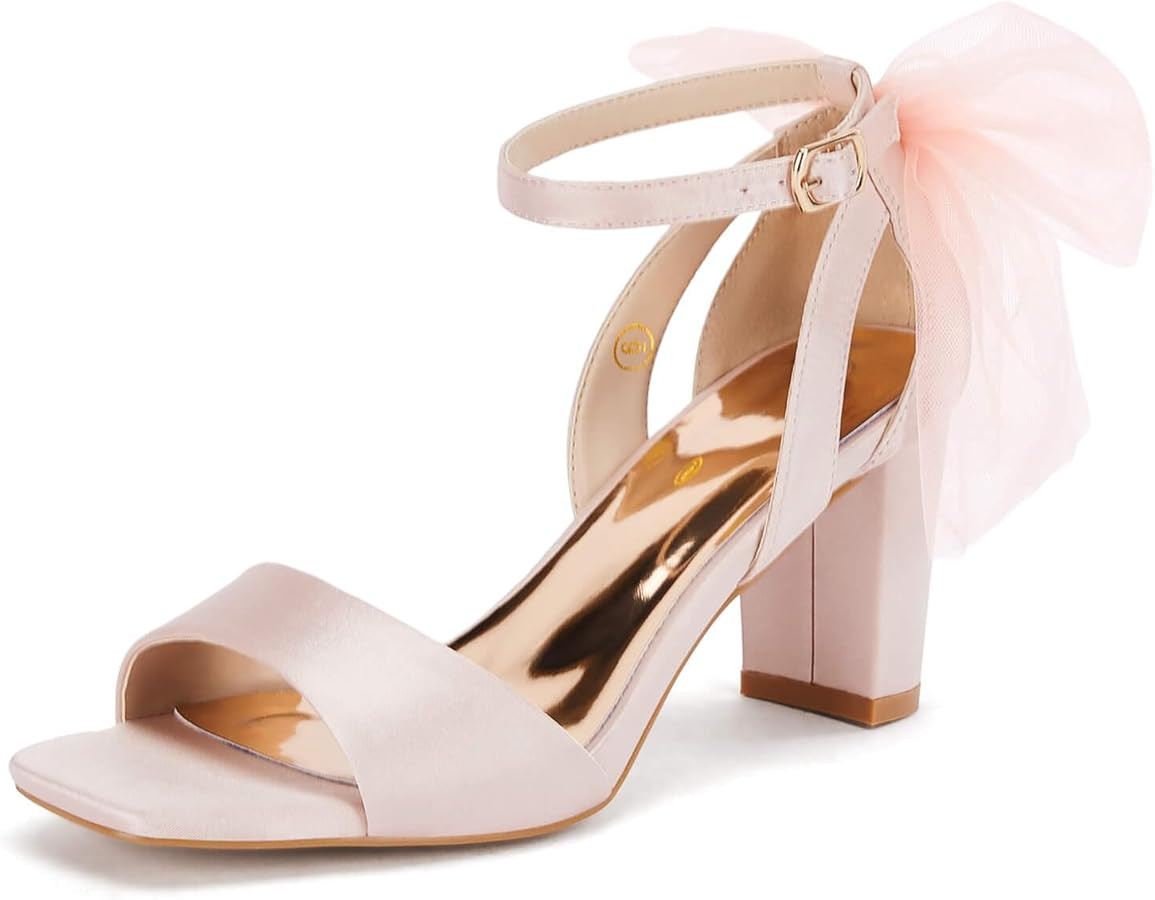 Coutgo Women's Bow Tie Heeled Sandals Chunky Heels One Strap Satin Ankle Buckle Dress Wedding Sho... | Amazon (US)