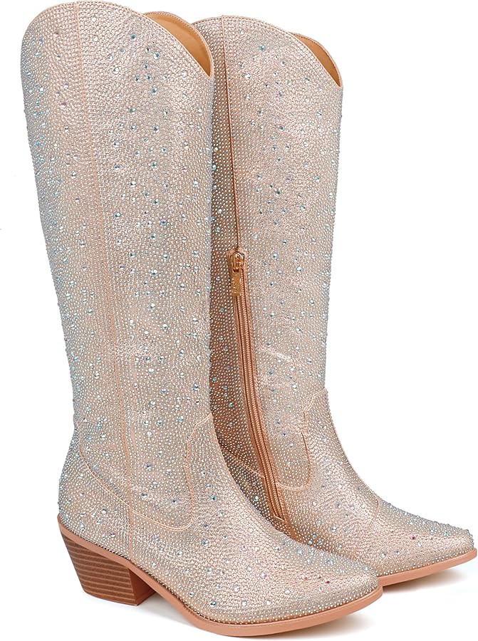 Zzheels Women's Embroidered Western Cowboy Boots Knee High Cowgirls Low Chunky Heel Pointed Toe P... | Amazon (CA)