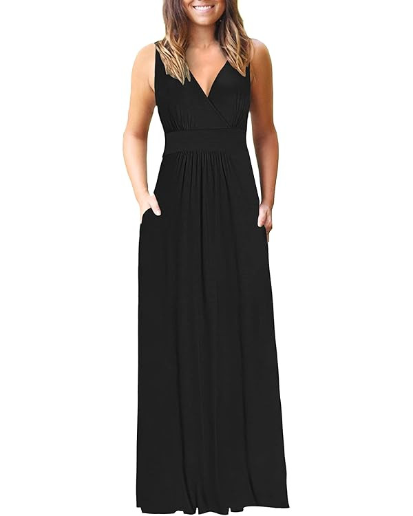 AUSELILY Women's Sleeveless Formal Dress Deep V Neck Loose Plain Cocktail Long Maxi Dresses with ... | Amazon (US)