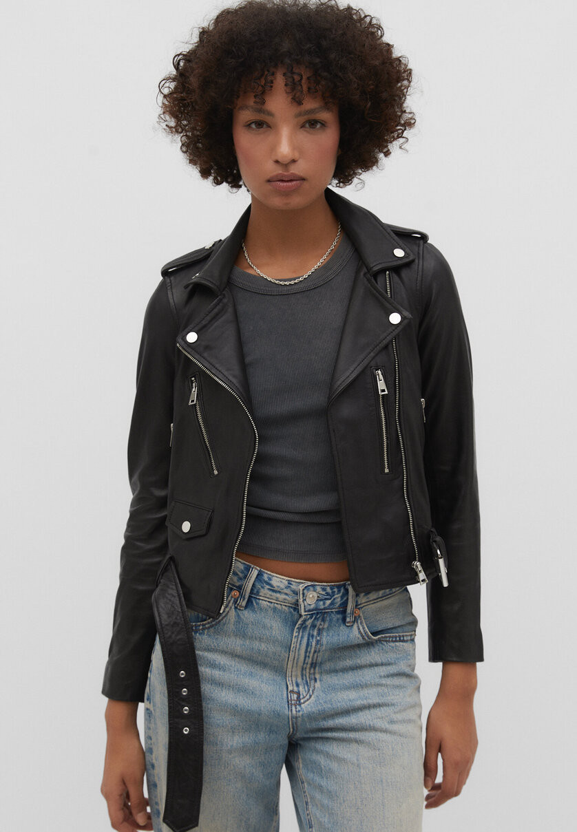 Leather biker jacket with belt - Women's fashion | Stradivarius United Kingdom | Stradivarius (UK)
