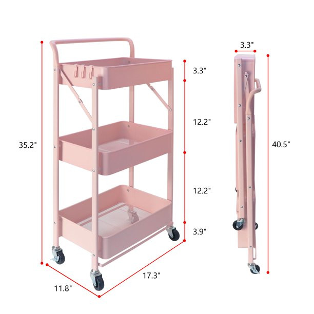 3 Tier Pink Metal Shelves Storage Utility Rolling Cart with Foldable Feature Bar Cart for Storage... | Walmart (US)