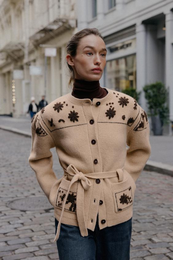 WOOL BLEND JACKET WITH EMBROIDERED FLOWERS AND BELT | Zara US
