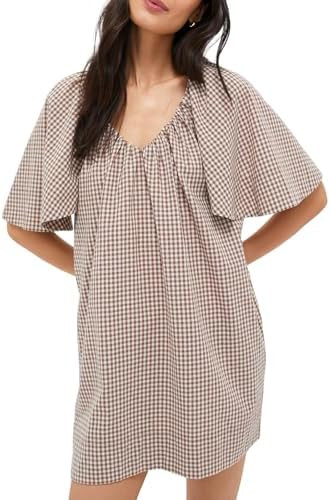 KEOMUD Women's Summer Gingham Dress Casual V Neck A Line Plaid Dress with Flutter Sleeve | Amazon (US)