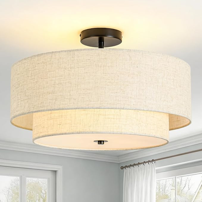 4-Light Semi Flush Mount Ceiling Light, 19.7" Double Drum Ceiling Light Fixture with Linen Fabric... | Amazon (US)