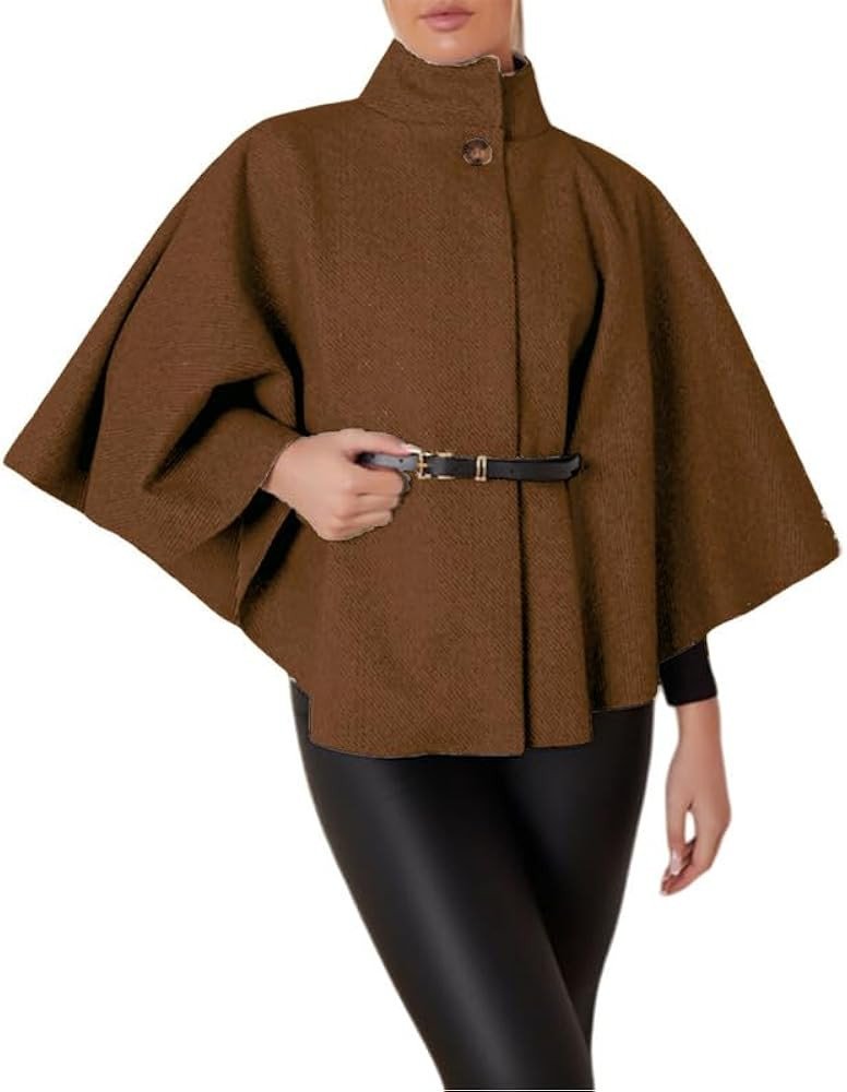 Women's Cape Jacket with Belt, Ladies Plain Winter Warm Poncho Oversized Shawl Wrap Batwing Sleev... | Amazon (UK)